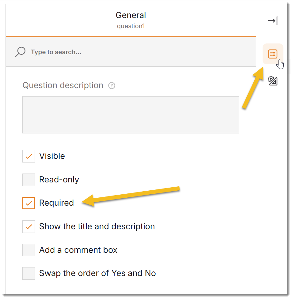 Opening the general pane on the right side of the SmartForms V2 form creation page and then selecting the required check mark for a question.  Allows you to mark a question as required in SmartForms V2 